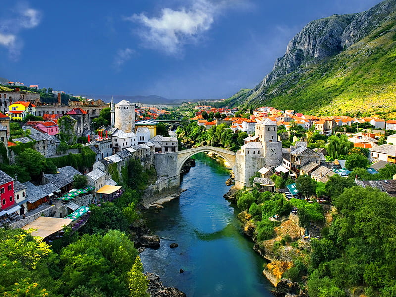 Bosnia and Herzegovina, bridge, sea, houses, mountains, HD wallpaper