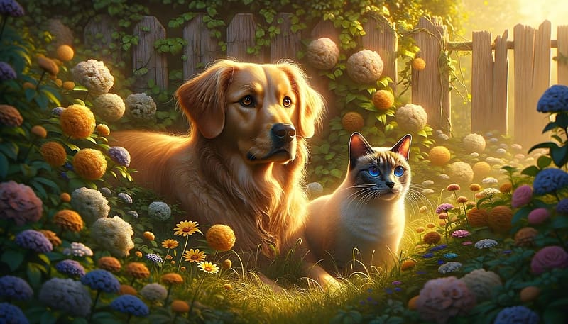 A dog and a Siamese cat among colorful flowers in a calm, sunny garden., novenyzet, kutya, baratok, viragzo kert, cica, napsutotte kert, szines viragok, elenk szinek, viragok, HD wallpaper
