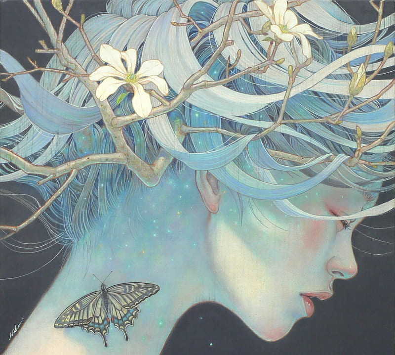 Butterfly, art, luminos, spring, draw, fantasy, girl, flower, chalk, face, mihohirano, blue, HD wallpaper