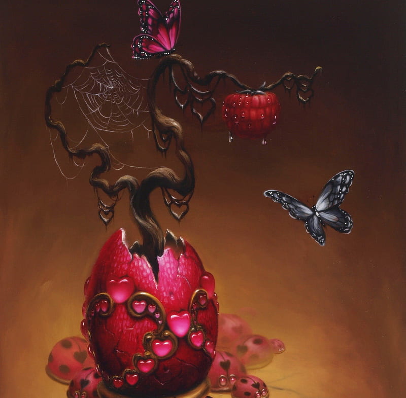 ✼Raspberry Egg✼, red, pretty, charm, bonito, oil on canvas, sweet, fruit, spiderweb, fantasy, paintings, splendor, traditional art, animals, lovely, colors, butterflies, corazones, cute, cool, plants, raspberry egg, raspberry, beetles, space art, ladybugs, HD wallpaper