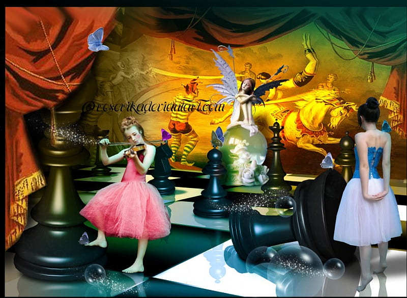 ~Chess Circus~, displays, curtain, softness beauty, digital art, factory floors, textures, fantasy, beautiful girls, manipulation, chess circus, bubbles, violin, models, music, creative pre-made, butterflies, circus, weird things people wear, backgrounds, chess, HD wallpaper