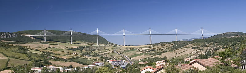 Millau Viaduct Bridge, architecture, panoramic, wide shot, France, cable stayed, wide, graphy, Bridge, HD wallpaper