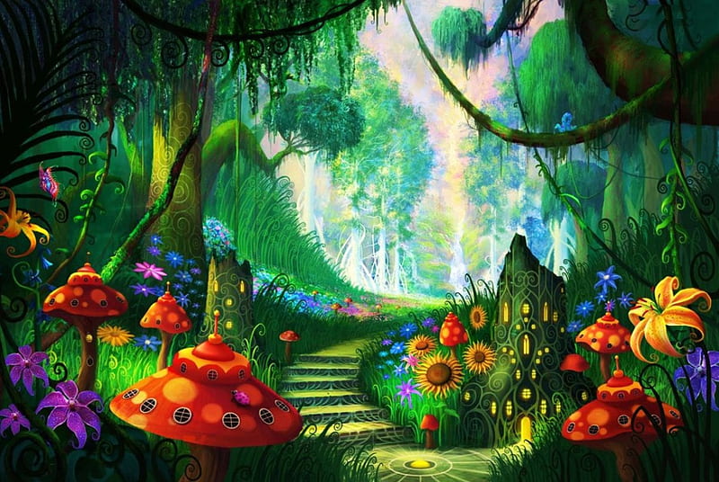 Fairyland, tree, flowers, stairs, mushrooms, sky, artwork, HD wallpaper