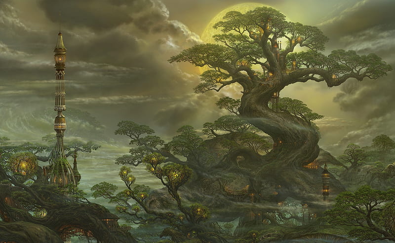 The Tree, world, art, tree, fantasy, luminos, green, kazumasa uchio, HD wallpaper