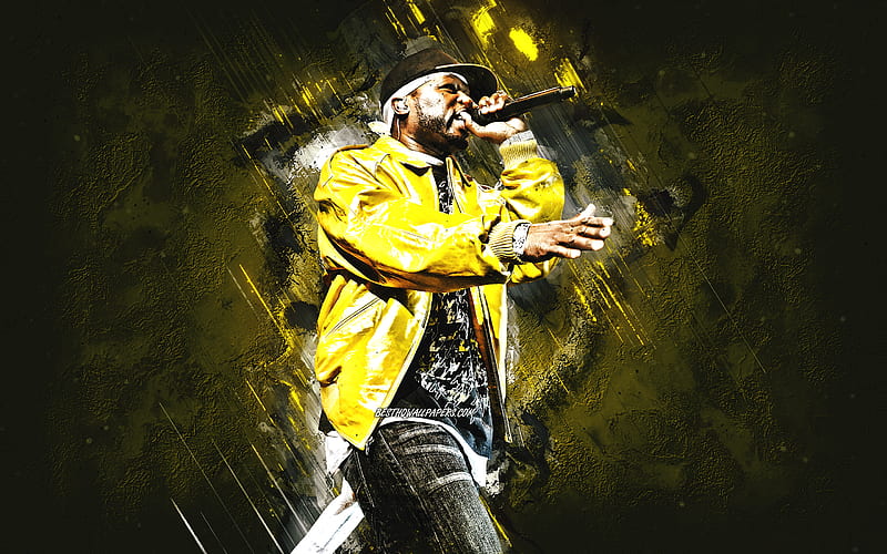 50 Cent, American rapper, Curtis Jackson, portrait, yellow stone background, Curtis James Jackson III, creative art, HD wallpaper