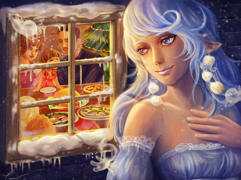 Winter Fairy, family, window, christmas, food, celebration, bonito, winter, white, fairy, light, HD wallpaper