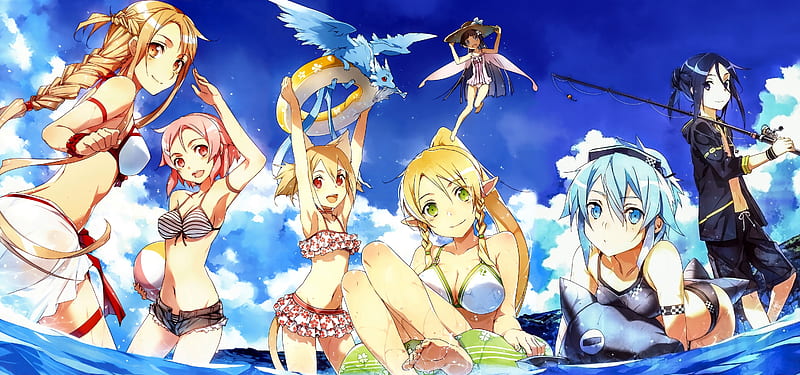 Sword Art Online, Sky, Anime, Ocean, Female, Girls, Swimsuit, Cute, Water, Bikini, HD wallpaper