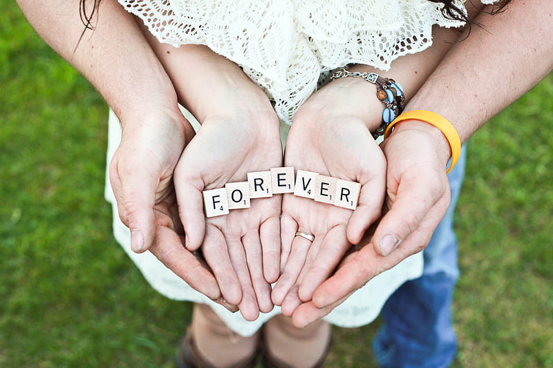 adult and girl holding forever scrabble letters during daytime, HD wallpaper