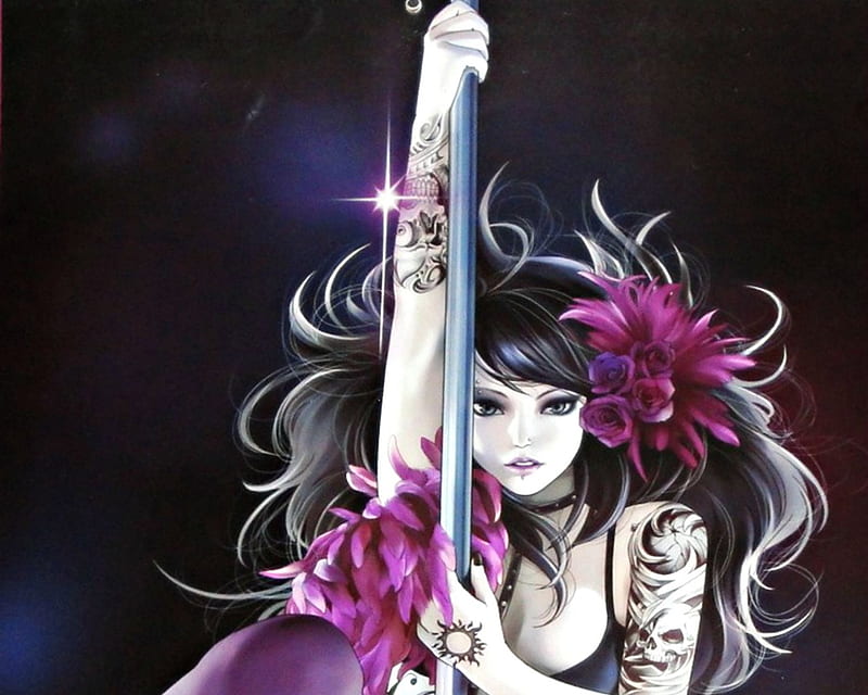 Dancer, art, tattoo, black, woman, fantasy, zhang xiao bai, girl, flower, asian, pink, HD wallpaper