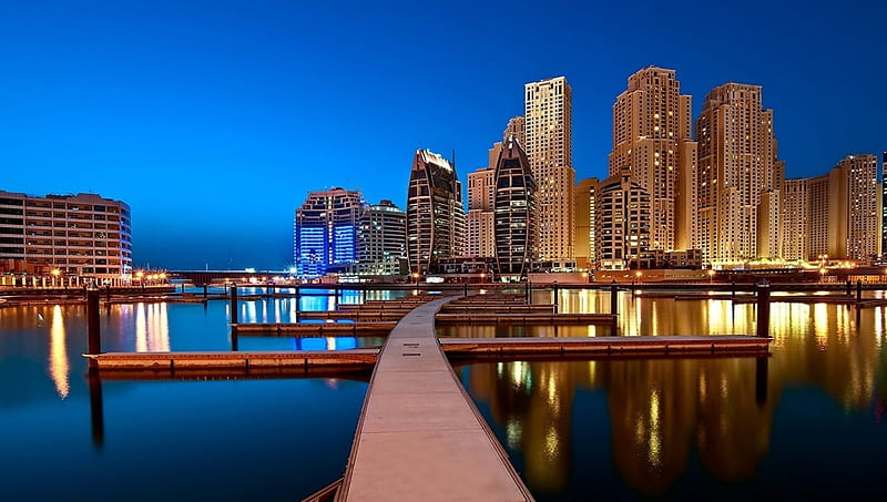beautiful city docks at dusk, city, pier, dusk, docks, harbor, skyscrapers, HD wallpaper
