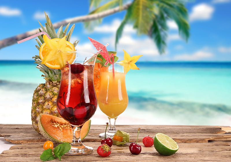 Summer Cocktails, pretty, colorful, strawberry, orange, fruits, cherries, glasses, palm, cocktails, bonito, clouds, sea, lime, beach, tropical beach, beauty, pineapple, cocktail, exotic, lovely, romantic, romance, holiday, ocean, colors, sky, glass, paradise, melon, nature, tropical, cherry, HD wallpaper