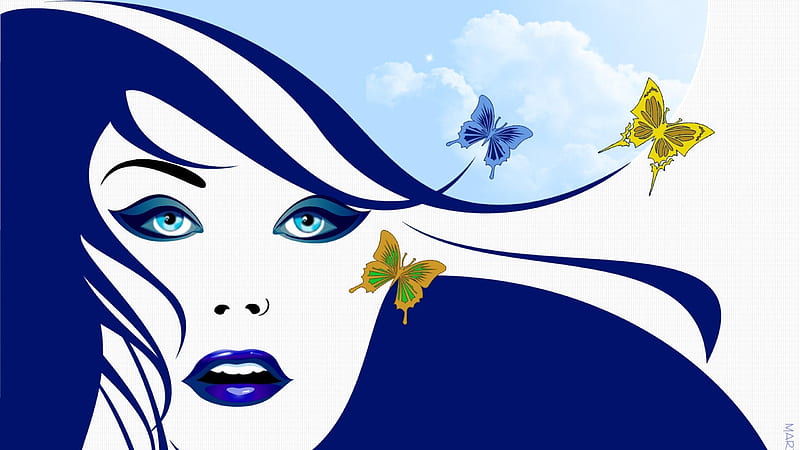 Butterflies, art, beauty, clouds, sky, vector, women, HD wallpaper
