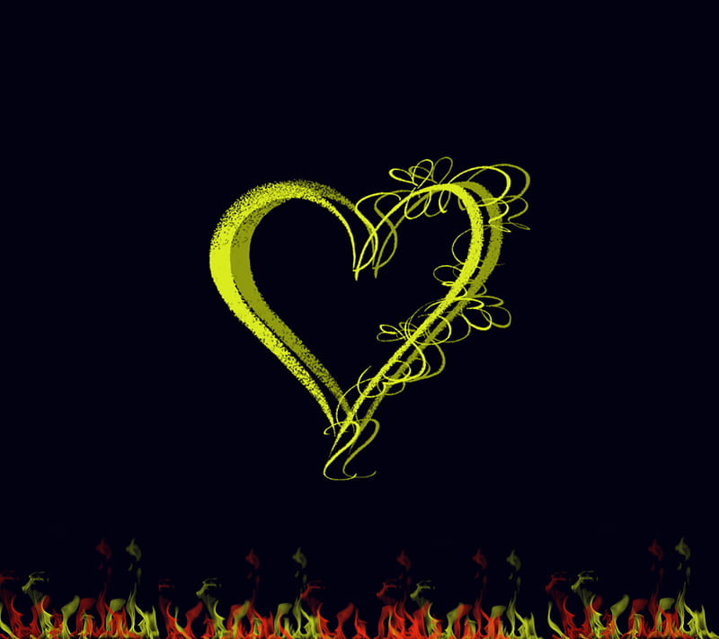 Heart 3d yellow, flames, gontu, love, passion, HD wallpaper