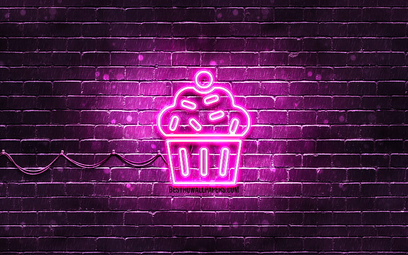 Cupcake neon icon violet background, neon symbols, Cupcake, neon icons, Cupcake sign, food signs, Cupcake icon, food icons, HD wallpaper