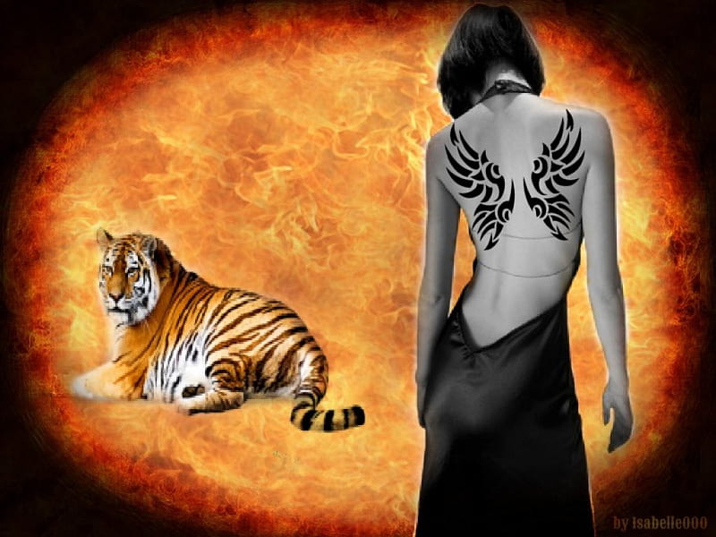 Hers Escape, artistic, Tiger, fire, tattoo, hers, beauty, woman, Escape, HD wallpaper