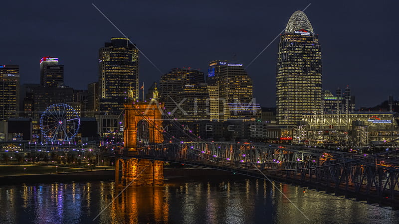 The Roebling Bridge at night and the city skyline, Downtown Cincinnati, Ohio Aerial Stock DXP001_098_0017, HD wallpaper
