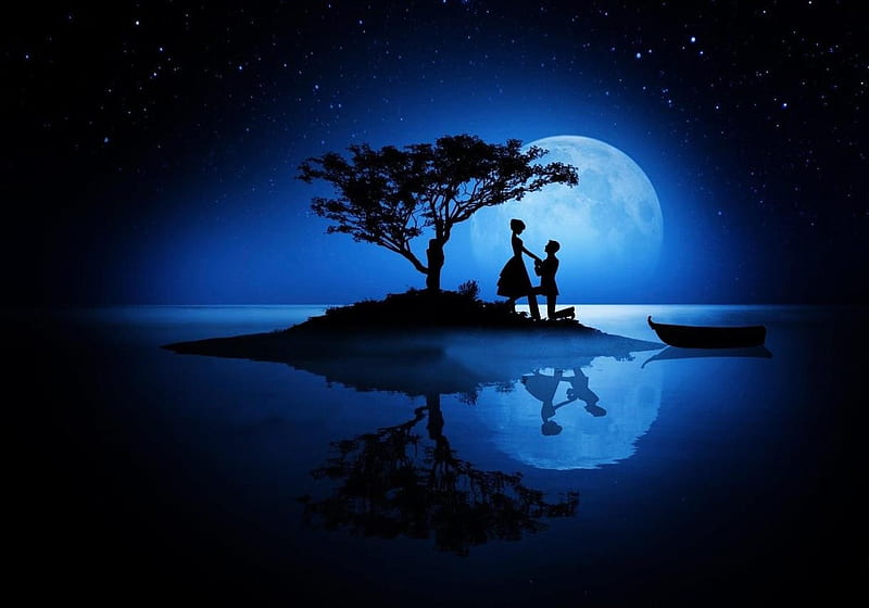 •ღ✿ღ•, fantasy, moon, propose, island, couple, blue, HD wallpaper