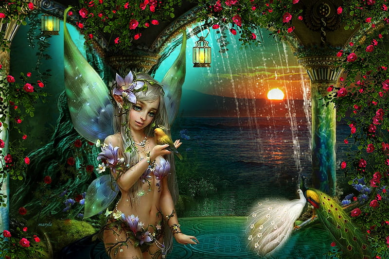 elf in the garden, sun, lantern, peacock, clouds, fantasy, butterfly, waterfall, evening, gate, wings, elf, west, sky, roses, water, girl, bird, garden, nature, HD wallpaper