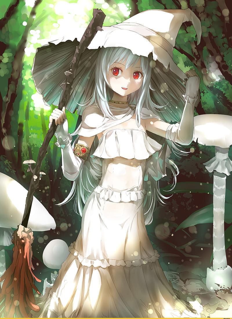 witch, witch hat, anime, original characters, anime girls, red eyes, white hair, staff, forest, HD phone wallpaper
