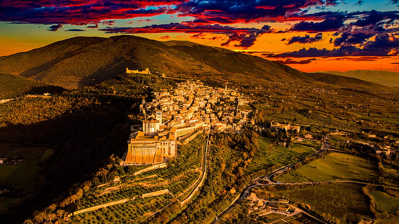 Assisi sunset, architecture, city, cloudy, drone, land, landscape, mountains, ornage, red, sunset, HD wallpaper