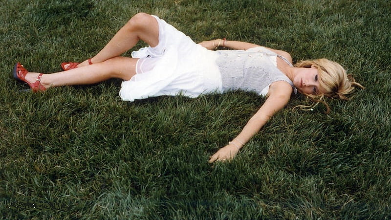 Splendour in the Grass.....Ashley Tisdale, high heels, arm bracelets, Blonde, lying on the grass, white dress, HD wallpaper