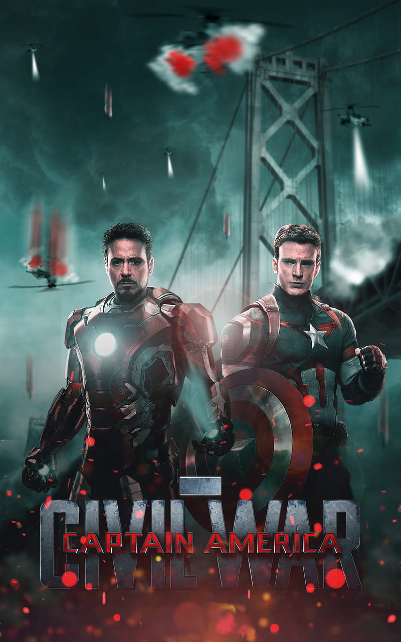 civil war, america, bridge, captain, heroes, iron, man, movie, HD phone wallpaper