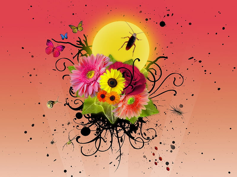 Flowers And Insects !!!, 3d-art, red, sun, background, abstract, cockroach, bug, butterfly, flower, HD wallpaper
