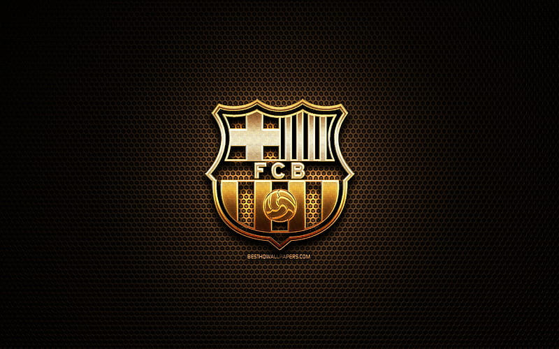 Barcelona FC, glitter logo, La Liga, FCB, spanish football club, metal grid background, Barcelona glitter logo, LaLiga football, soccer, FC Barcelona, Spain, HD wallpaper