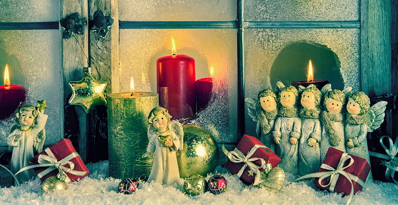 Xmas, christmas, snow, decoration, angel, toys, eve, candles, HD wallpaper