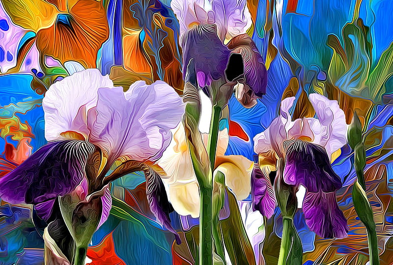 Irises, art, orange, green, purple, painting, flower, pictura, iris, blue, HD wallpaper