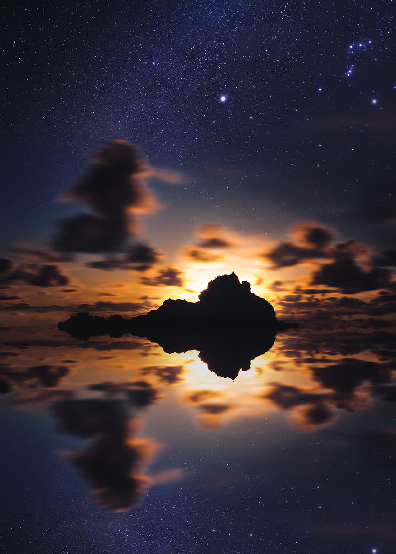 island, starry sky, stars, sea, sunset, horizon, HD phone wallpaper