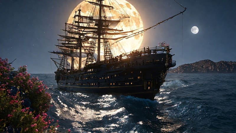 Sailing On A Full Moon, ship, moon, full, ocean, HD wallpaper
