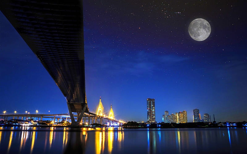 Beautiful Bhumibol Bridge, Bangkok, Thailand, bonito, sky, thailand, moon, city, bridge, nature, bangkok, blue, HD wallpaper
