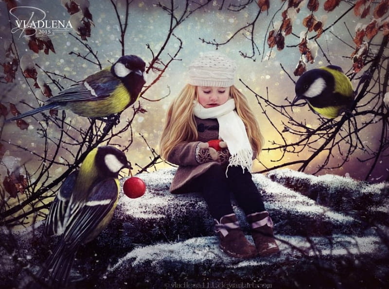 Late Autumn, birds, fantasy, girl, winter, HD wallpaper