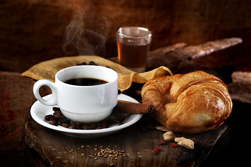 Food, Coffee, Cinnamon, Coffee Beans, Croissant, Cup, Drink, Still Life, Viennoiserie, HD wallpaper