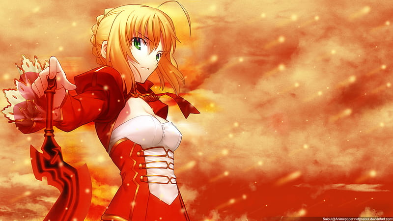 Burning Skies, saber, red, king, burning, green eyes, game, sky, golden hair, fate stay night, girl, anime, sword, knight, fate extra, HD wallpaper
