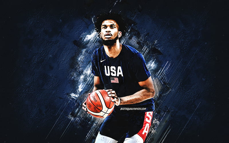 Marvin Bagley, USA national basketball team, USA, American basketball player, portrait, United States Basketball team, blue stone background, HD wallpaper