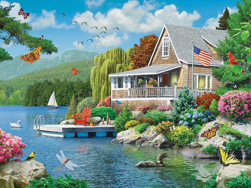Lake House, birds, nature, house, lake, HD wallpaper | Peakpx