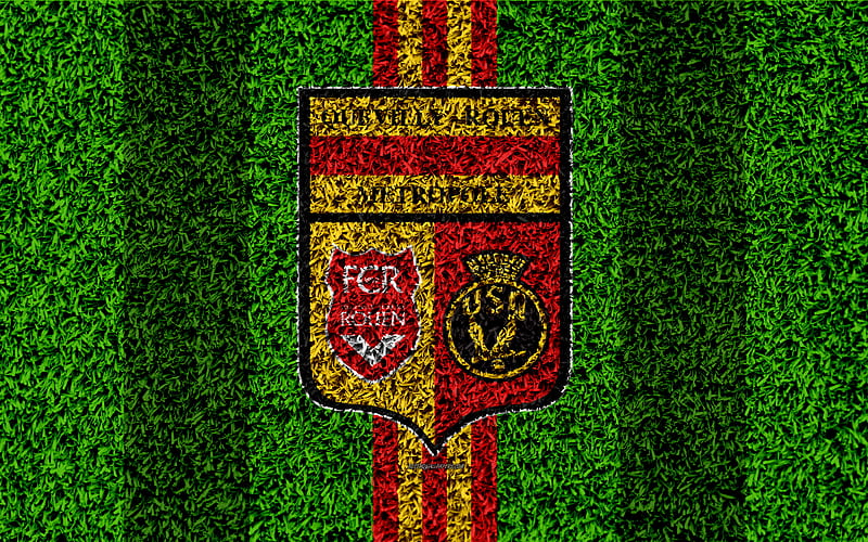 Quevilly Rouen FC, USQRM logo, football lawn, french soccer club, yellow red lines, grass texture, Ligue 2, Le Petit-Keviji, France, football, soccer field, US Quevilly-Rouen, HD wallpaper