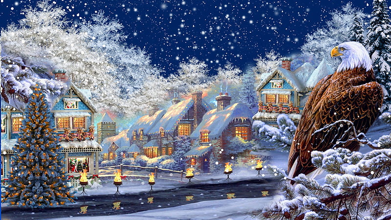 Winter Watcher, trees, winter, Firefox theme, Christmas, holiday, Feliz Navidad, houses, warming, welcome, eagle, lights, snow, village, HD wallpaper