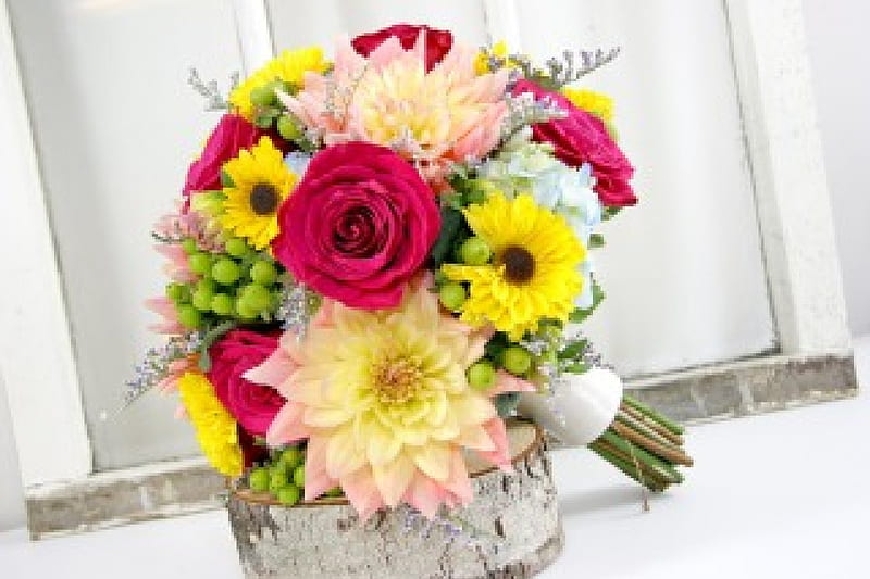 Floral Affair, bouquet, bright, frash, yellow, beauty, bridal, floral, HD wallpaper