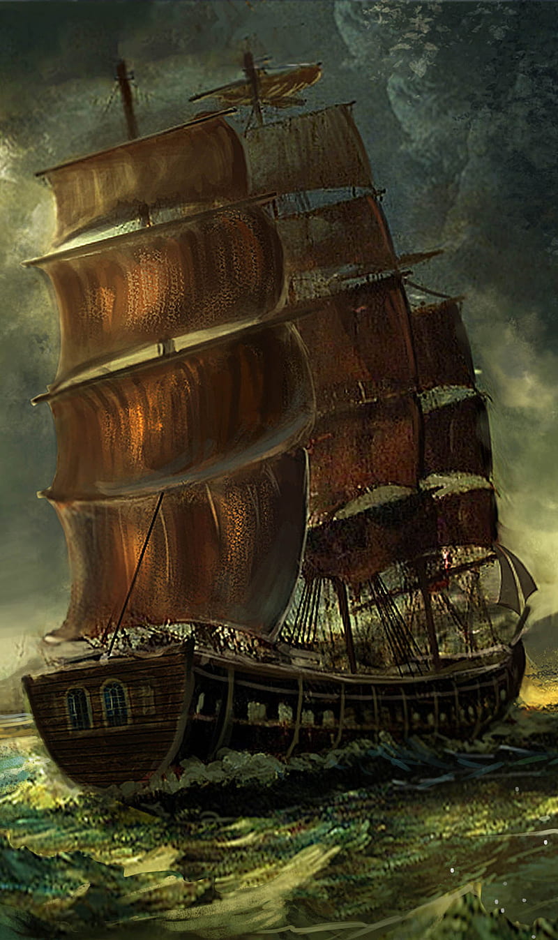 Ship, art, boat, old, painting, sailing boat, sea, wave, HD phone wallpaper