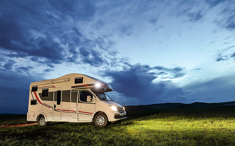 Outdoor travel caravan grassland dusk, HD wallpaper