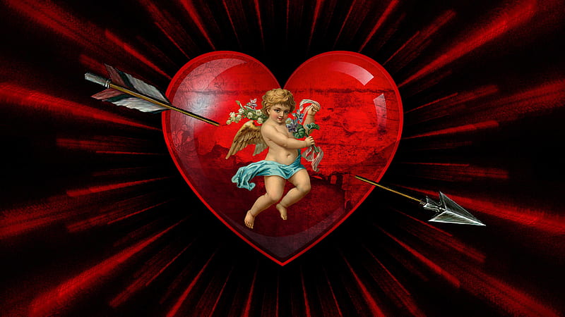 Cupid's Arrow -Valentine-, heart, arrow, Cupid, red, black, valentine, HD wallpaper
