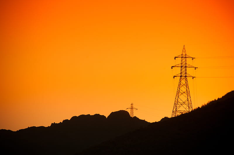 hills, electric poles, dusk, sunset, orange, HD wallpaper