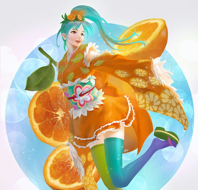 Orange girl, aekkarat sumutchaya, fruit, portocala, orange, girl, anime, manga, blue, HD wallpaper
