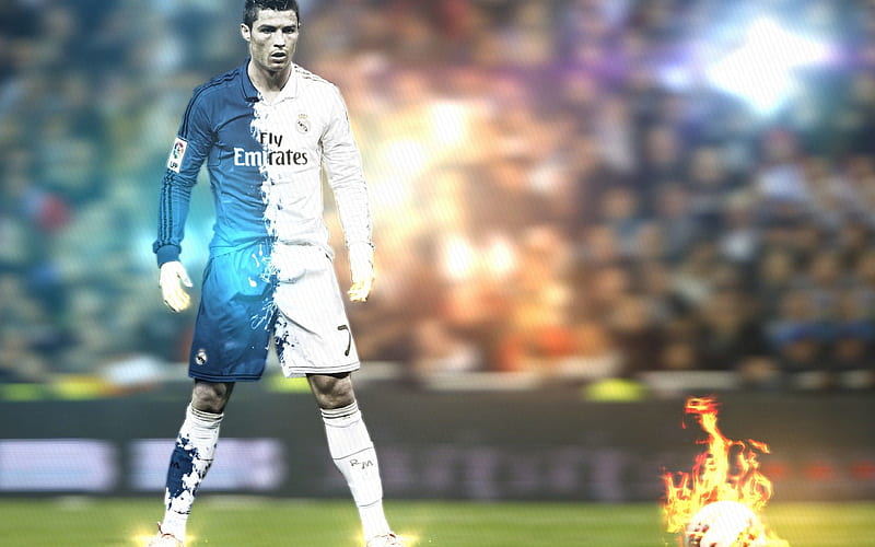 Cristiano Ronaldo football stars, neon lights, CR7, Real Madrid, soccer, Ronaldo, fire, fan art, La Liga, footballers, HD wallpaper