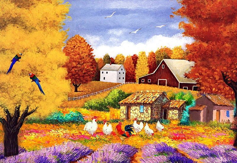 Rural yard, pretty, house, falling, lavender, cabin, foliage, countryside, nice, village, flowers, rural, art, rustic, lovely, iful, joy, trees, field, fall, colorful, autumn, cottages, cottage, hen, farm, leaves, painting, animals, colors, yard, plants, peaceful, nature, meadow, HD wallpaper