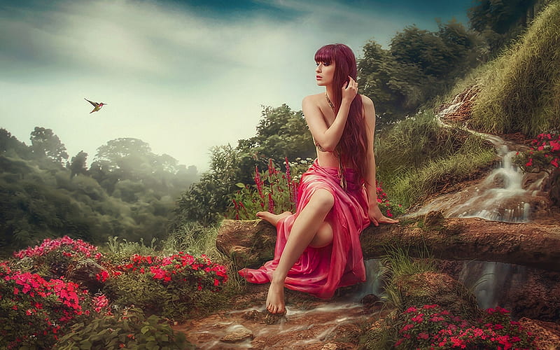 Sitting by a Stream, forest, stream, female, lovely, Redhead, ethereal, bonito, outdoors, Nature, fantasy, feminine, peaceful, Woman, Flowers, HD wallpaper
