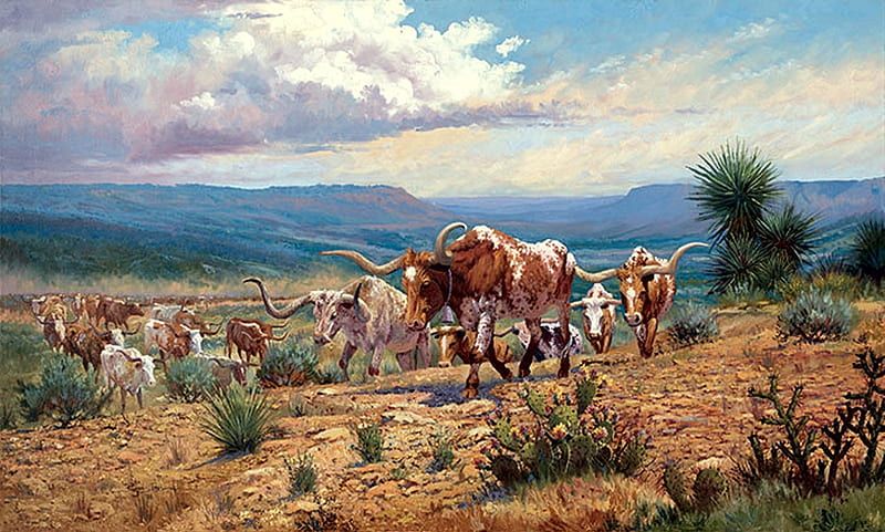 Leading the Way, longhorns, texas, painting, artwor, cows, HD wallpaper
